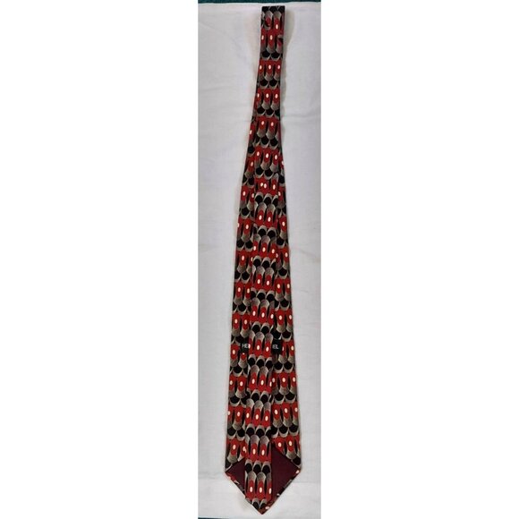 Henry Grethel Italian Silk Mens Tie Red Gray Black Abstract Oval Pattern Necktie - Picture 4 of 4